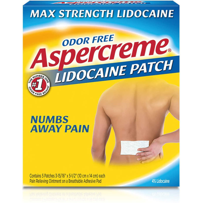 Aspercreme Odor Free Max Strength Lidocaine Pain Relief Patch for Back Pain, Lidocaine 4%, Pack of 5