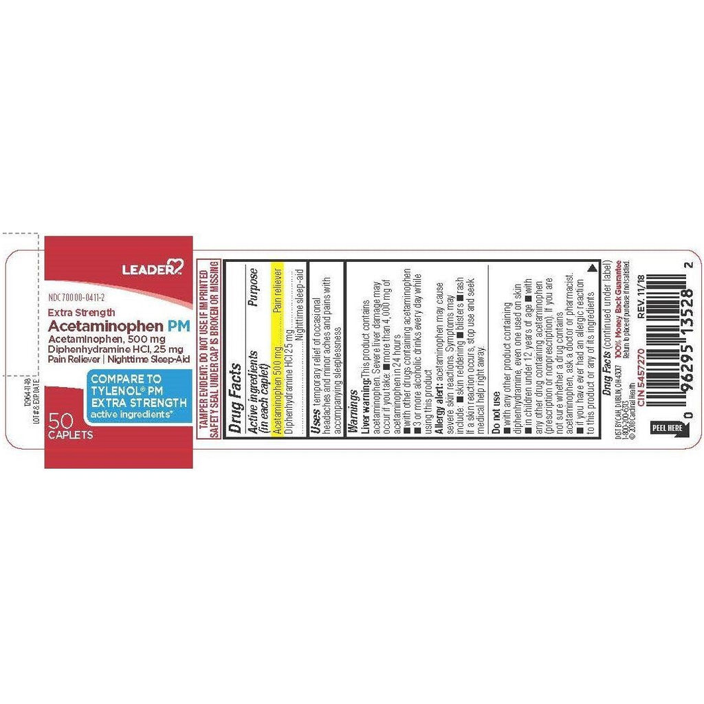Leader Extra Strength Acetaminophen PM Caplets, 24 Count
