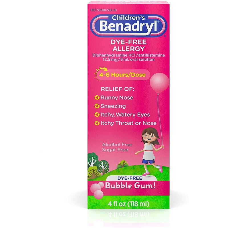 Children's Benadryl Antihistamine Allergy Relief, Bubble Gum Flavor, Dye-Free 4oz (3-PACK)