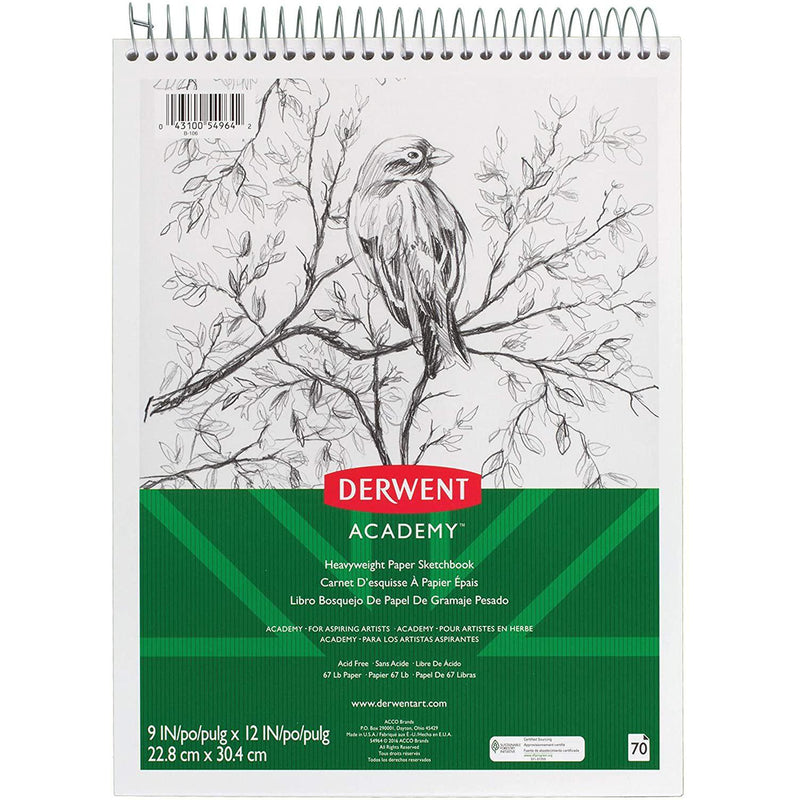 Derwent Academy Sketchbook, Heavyweight Paper, Topbound Sketch Book, 9" x 12", 70 Sheets