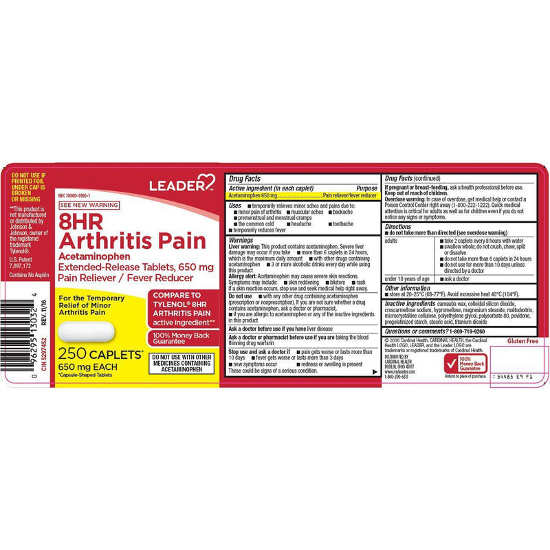 Leader 8 Hour Arthritis Pain, Acetaminophen ER 650mg Caplets, 50 ct