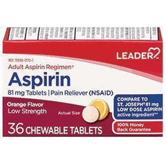 Leader Aspirin Pain Reliever, Chewable Orange Flavored, Low Dose, 81mg, 36 Tablets