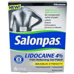 Salonpas Lidocaine 4% Pain Relieving Maximum Strength Gel-Patch, 6 Count, Pack of 6