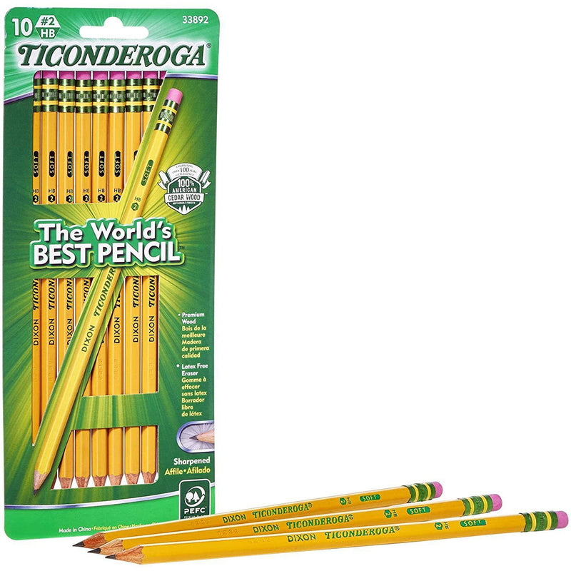 TICONDEROGA Pencils, Wood-Cased, Pre-Sharpened, Graphite #2 HB Soft, Yellow, 10-Pack
