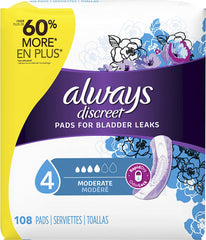 Always Discreet Incontinence Pads, Moderate, Regular Length, 108 ct, Pack of 2