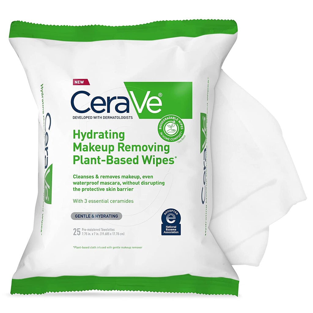 CeraVe Hydrating Facial Cleansing Makeup Remover Wipes| Plant Based Face Wipes, 25 Count