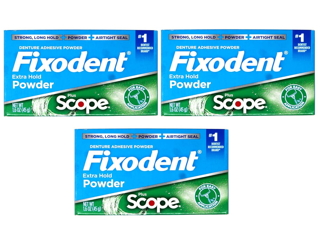 Fixodent Denture Adhesive Powder Extra Strong Plus Scope, 1.6 oz, Pack of 3