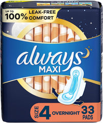 Always Maxi Pads Size 4 Overnight Absorbency Unscented with Wings, 33 Count