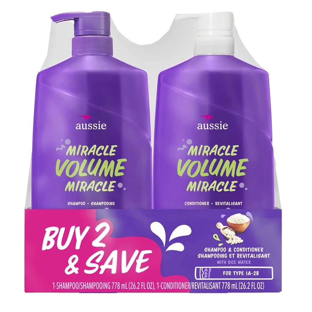 Aussie Miracle Volume With Bamboo & Kakadu Plum, Paraben Free Shampoo & Conditioner, 26.2 Fl Oz Dual Pack