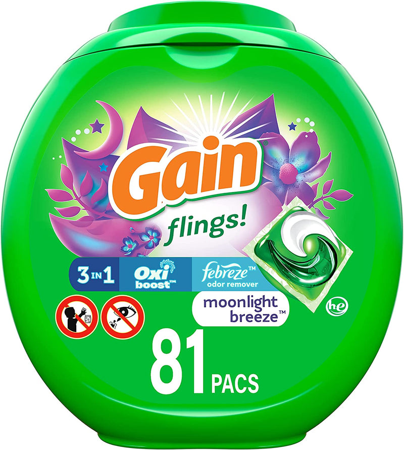 Gain Flings Laundry Detergent Soap Pods, High Efficiency (HE), Moonlight Breeze Scent, 81 Count