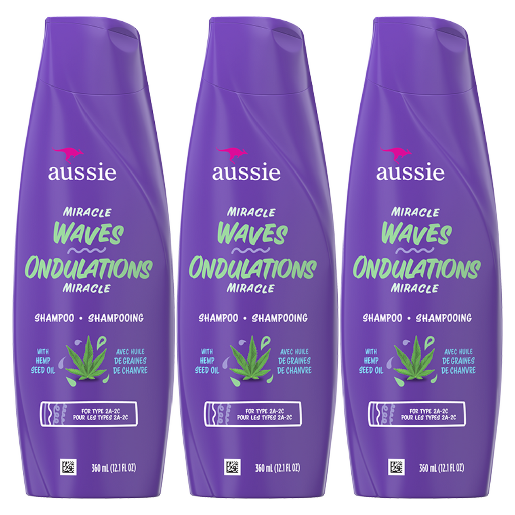 Aussie Miracle Waves with Hemp Seed Oil Shampoo 12.1 Fl Oz (Pack of 3)