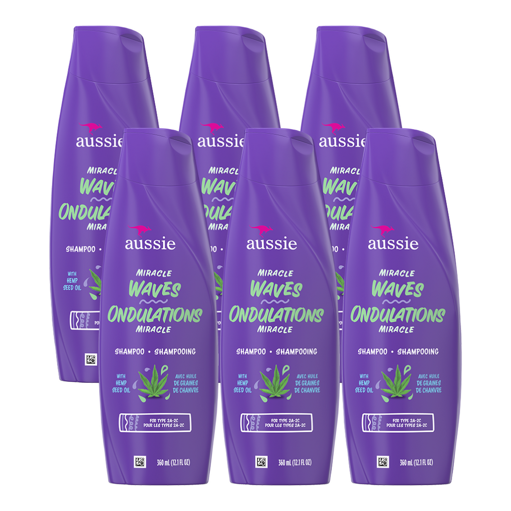 Aussie Miracle Waves with Hemp Seed Oil Shampoo 12.1 Fl Oz (Pack of 6)