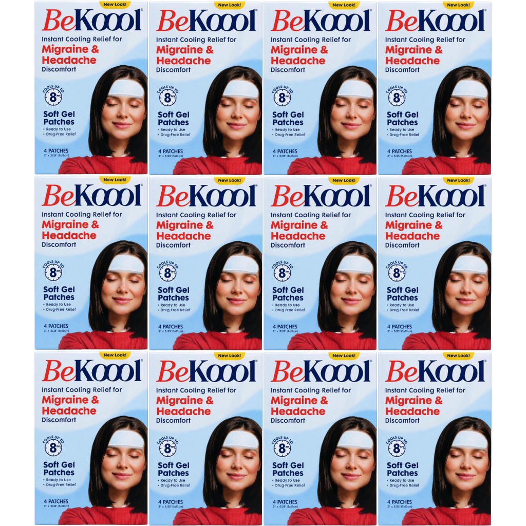 BeKoool Cooling Patches Relief for Migraine and Headache Discomfort, 4 Count (Pack of 12)