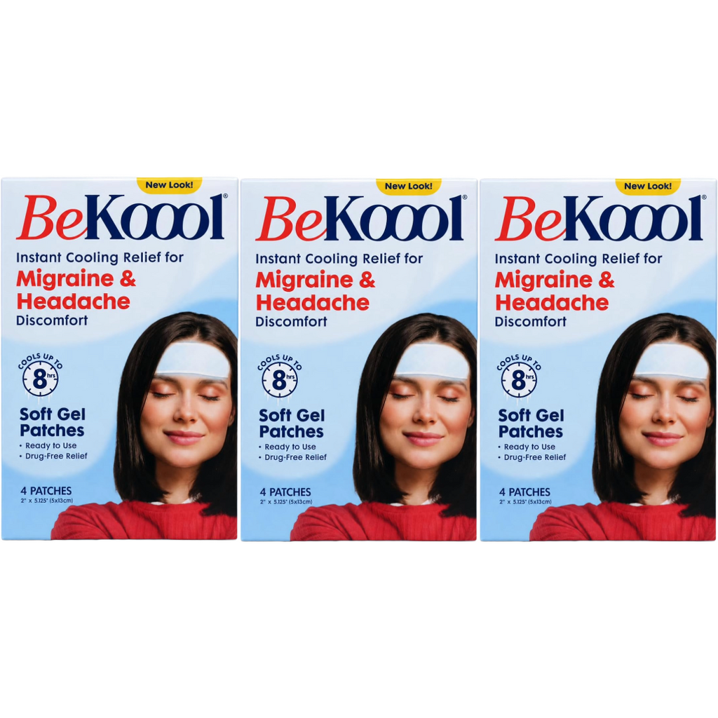BeKoool Cooling Patches Relief for Migraine and Headache Discomfort, 4 Count (Pack of 3)