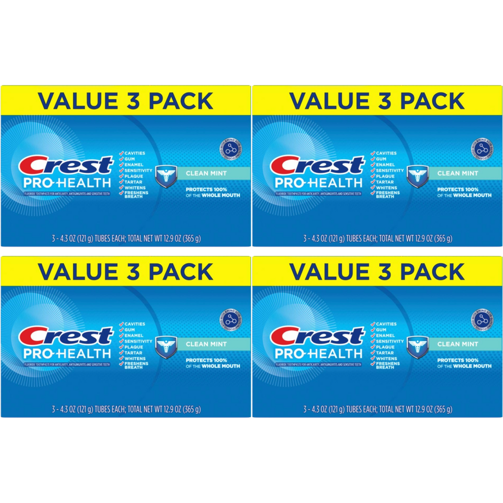 Crest Pro-Health Clean Mint Triple Pack, 3 Tubes of 4.3 Oz Toothpaste (Pack of 4)