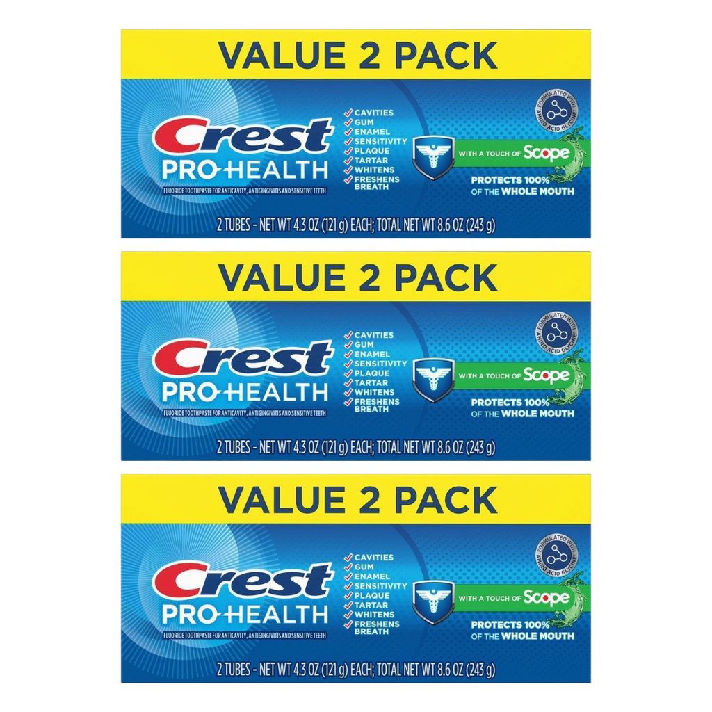 Crest Pro-Health with Scope Toothpaste Twin Pack, Two Tubes of 4.3 Oz (Pack of 3)