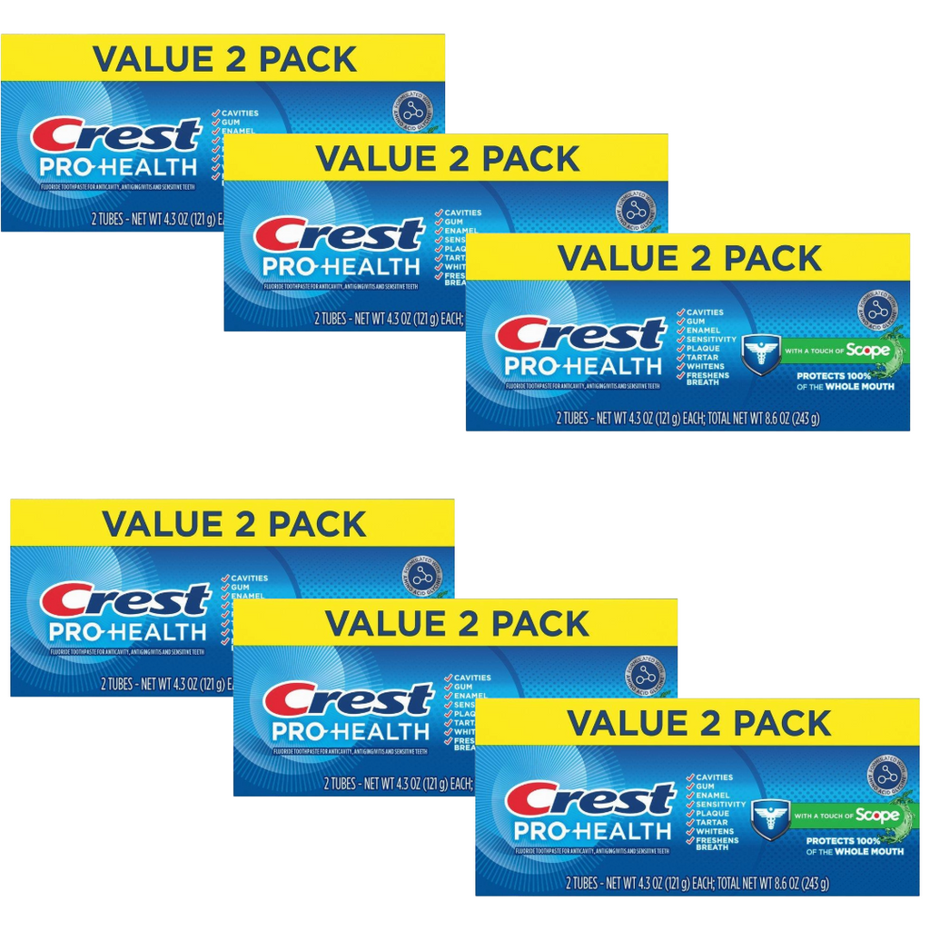 Crest Pro-Health with Scope Toothpaste Twin Pack, Two Tubes of 4.3 Oz (Pack of 6)