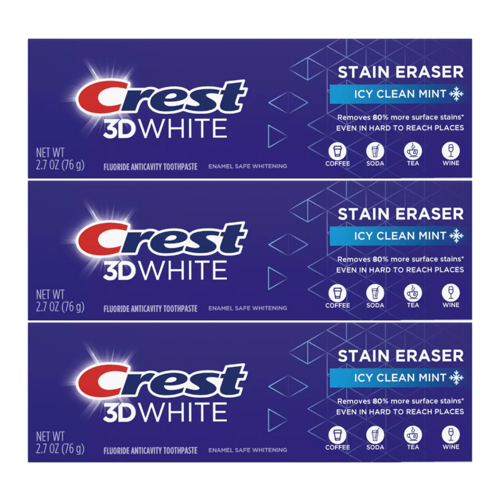 Crest 3D White Stain Eraser Icy Clean Mint Toothpaste 2.7 Oz (Pack of 3)