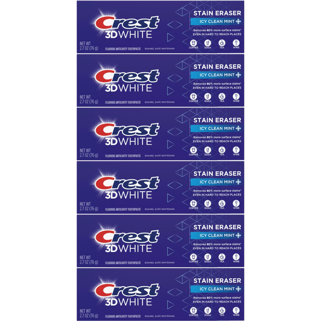 Crest 3D White Stain Eraser Icy Clean Mint Toothpaste 2.7 Oz (Pack of 6)