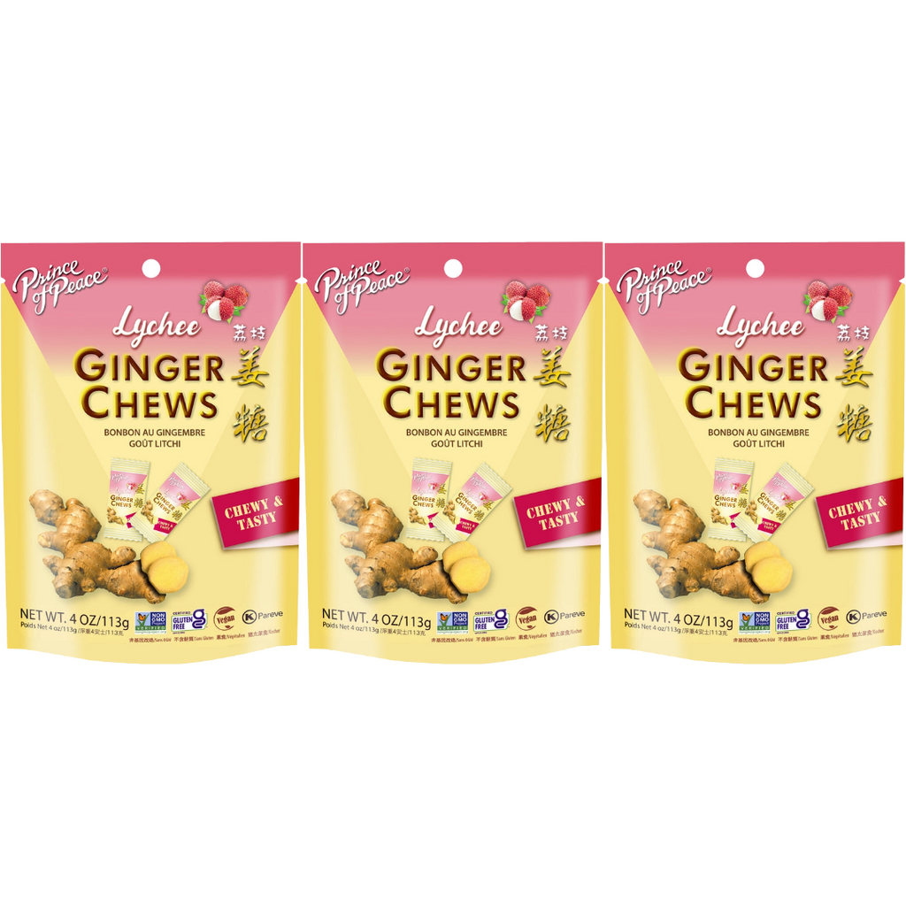 Prince of Peace Ginger Candy (Chews) With Lychee, 4oz (Pack of 3)