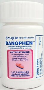 Banophen Diphenhydramine HCL 50mg Capsules (Major) - 100ct