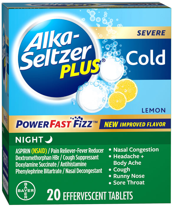 Alka-Seltzer Plus Night Cold Medicine, Lemon Effervescent Tablets 20 count