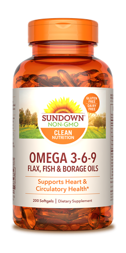 Sundown Omega 3-6-9 Flax, Fish & Borage Oil Softgels, 200 Count