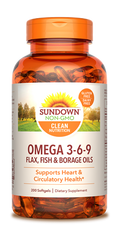 Sundown Omega 3-6-9 Flax, Fish & Borage Oil Softgels, 200 Count