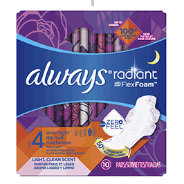 Always Radiant Overnight Pads, Winged, Scented, Size 4, 10 ct