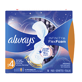 Always Infinity Overnight Pads with Wings, Unscented, Size 4, 13 ct* UPC: 037000830955