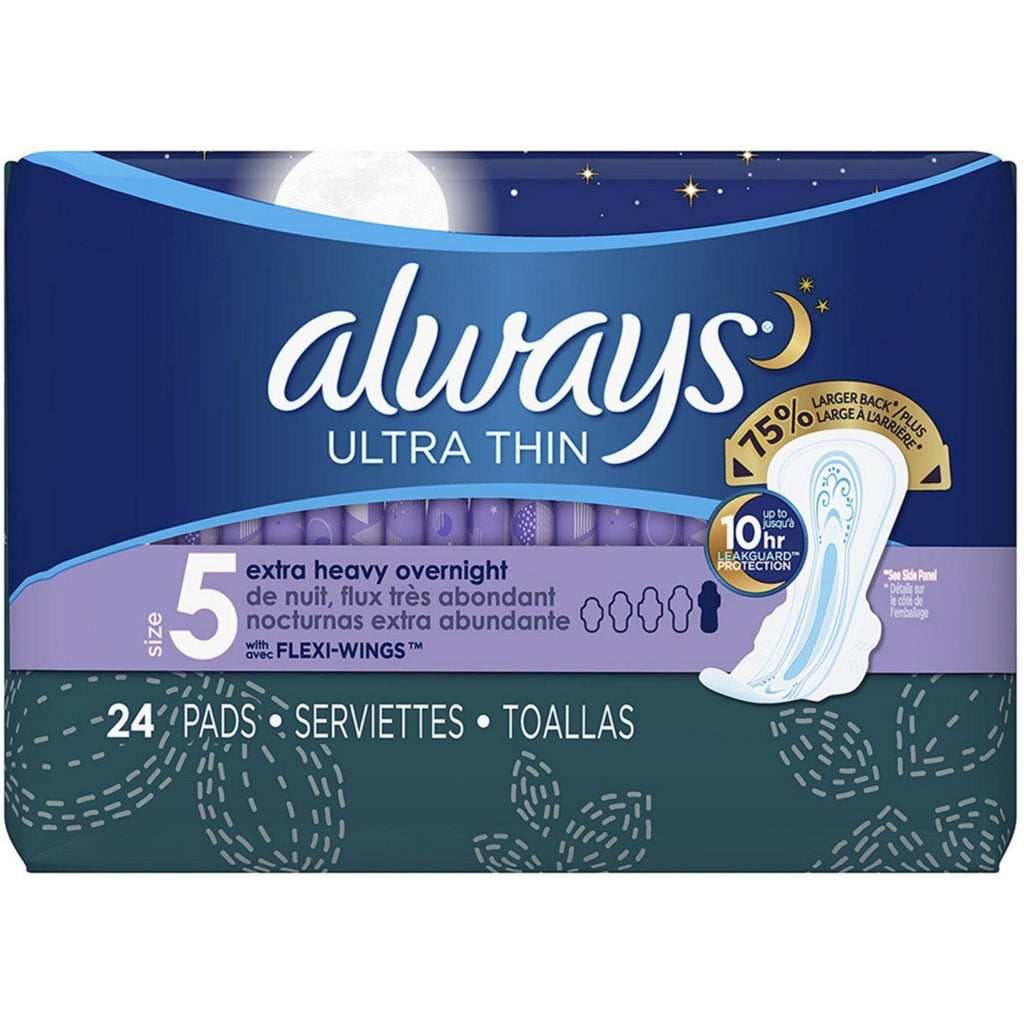 Always Ultra Thin Extra Heavy Overnight Pads with Flexi-Wings, Size 5, 24 CT UPC 037000889175