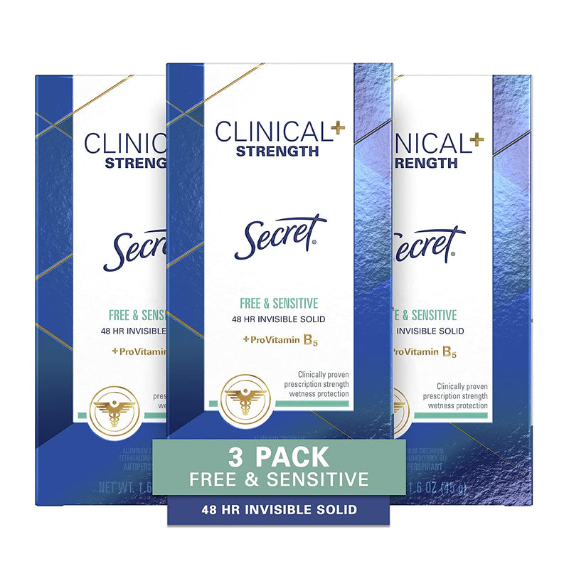 Secret Clinical Strength Invisible Solid Antiperspirant and Deodorant, Free & Sensitive, 1.6 oz (Pack of 3)