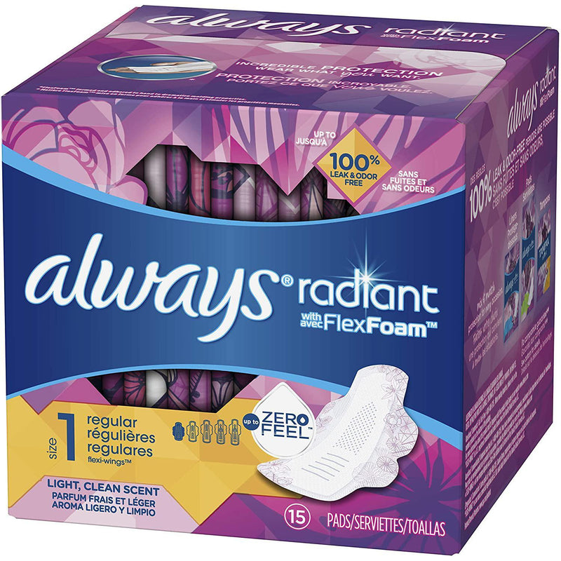 Always Radiant Pads, Regular Absorbency, Scented, Size 1, 15 ct