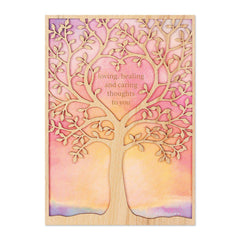 Papyrus handmade card ombre sunset with peach and pink, laser cut tree, loving healing and caring thoughts to you - sympathy card. 