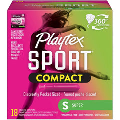 Playtex Sport Compact Plastic Tampons, Unscented, Super, 18 CT