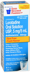 GNP Loratadine Oral Solution 5mg Dye Free Fruit flavor, 4 Fl Oz