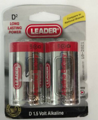 Leader D Batteries, Alkaline, 2 Pack