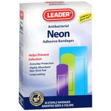 Leader Neon Bandages, Assorted Sizes and Colors, 20 Count