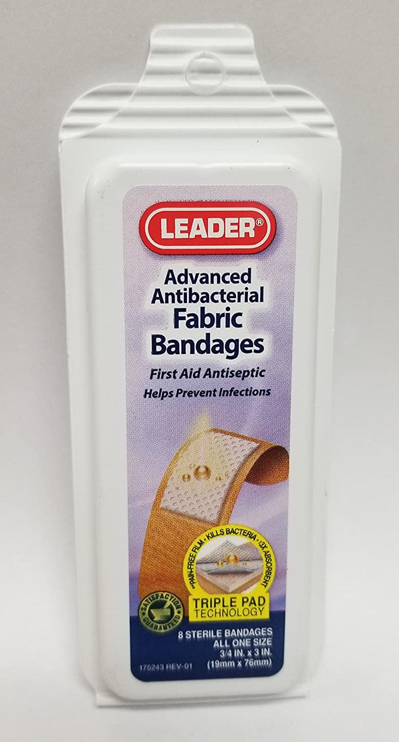 Leader Advanced Antibacterial Flexible Fabric Adhesive Bandages, 3/4" x 3", 8 Count