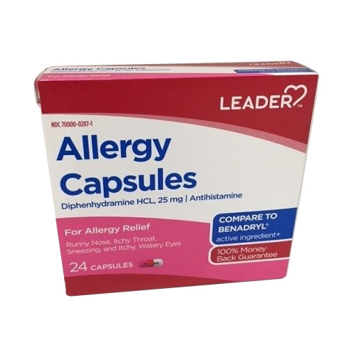 Leader Allergy Capsules, Diphenhydramine HCl 25mg, 24 Count