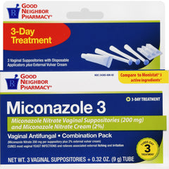 GNP Miconazole 3 Three Day Treatment 200mg, 3 Vaginal Suppositories + 0.32 Oz Tube