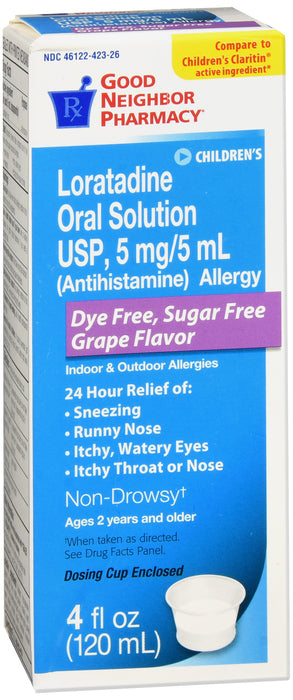 GNP Loratadine Oral Solution Dye Free Sugar Free Grape Flavor 5mg, 4 Fl Oz