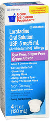 GNP Loratadine Oral Solution Dye Free Sugar Free Grape Flavor 5mg, 4 Fl Oz