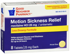 GNP Motion Sickness Relief Less Drowsy 25mg, 8 Tablets