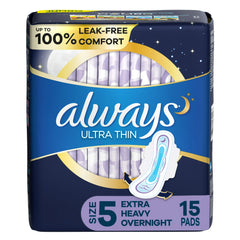 Always Ultra Thin Extra Heavy Overnight Pads with Wings, Size 5, Extra Heavy Overnight, Unscented, 15 Ct