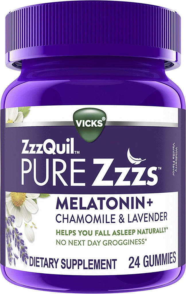 ZzzQuil PURE Zzzs, Melatonin Sleep Aid Gummies with Lavender, Valerian Root and Chamomile, Natural Wildberry Vanilla Flavor,  24 Gummies