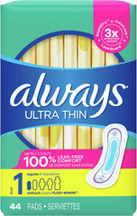 Always Ultra Thin Pads, Size 1 Regular, Without Wings, Unscented, 44 Count