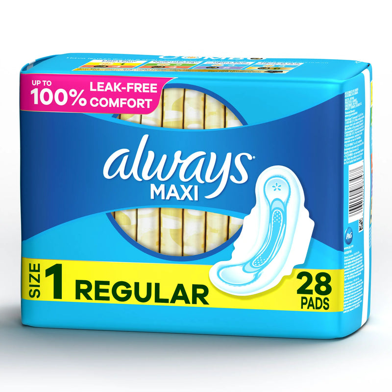 Always Maxi Pads Size 1, Regular Daytime Absorbency without Wings, 28 Ct*