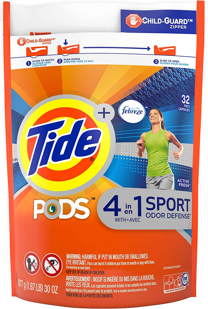 Tide Pods Plus Febreze Sport Odor Defense Laundry Pacs, Active Fresh, 32 Count