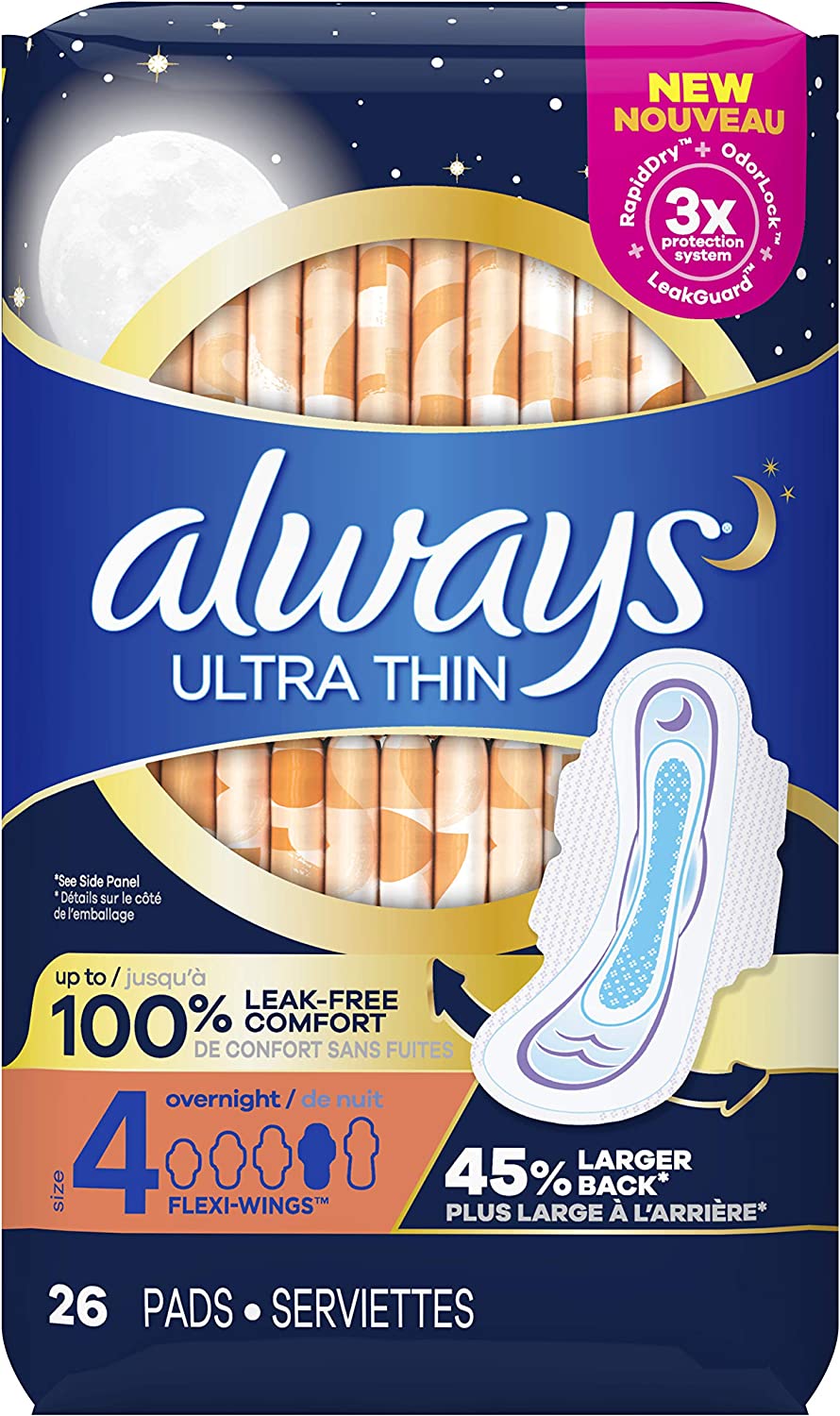 Always Ultra Thin Overnight Pads Size 4, Unscented with Wings, 26 Coun